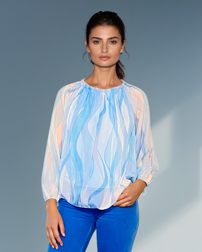 Bluză din voal cu mânecă lungă și elastic bleu HL059