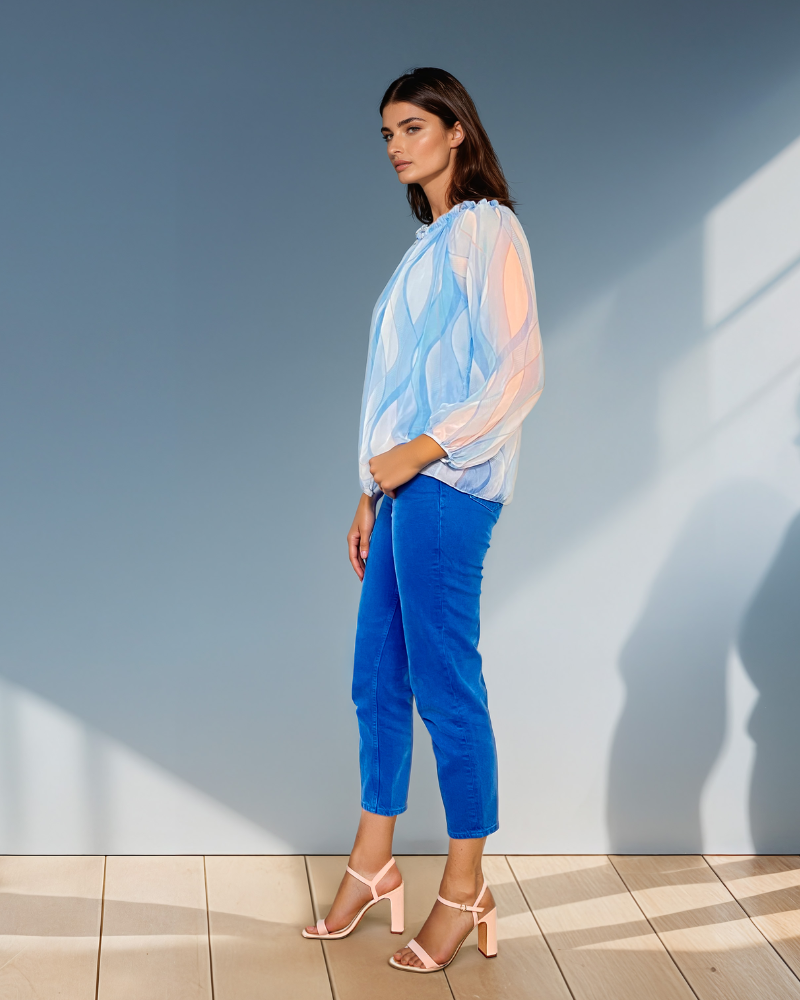 Bluză din voal cu mânecă lungă și elastic bleu HL059