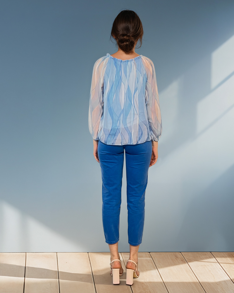 Bluză din voal cu mânecă lungă și elastic bleu HL059