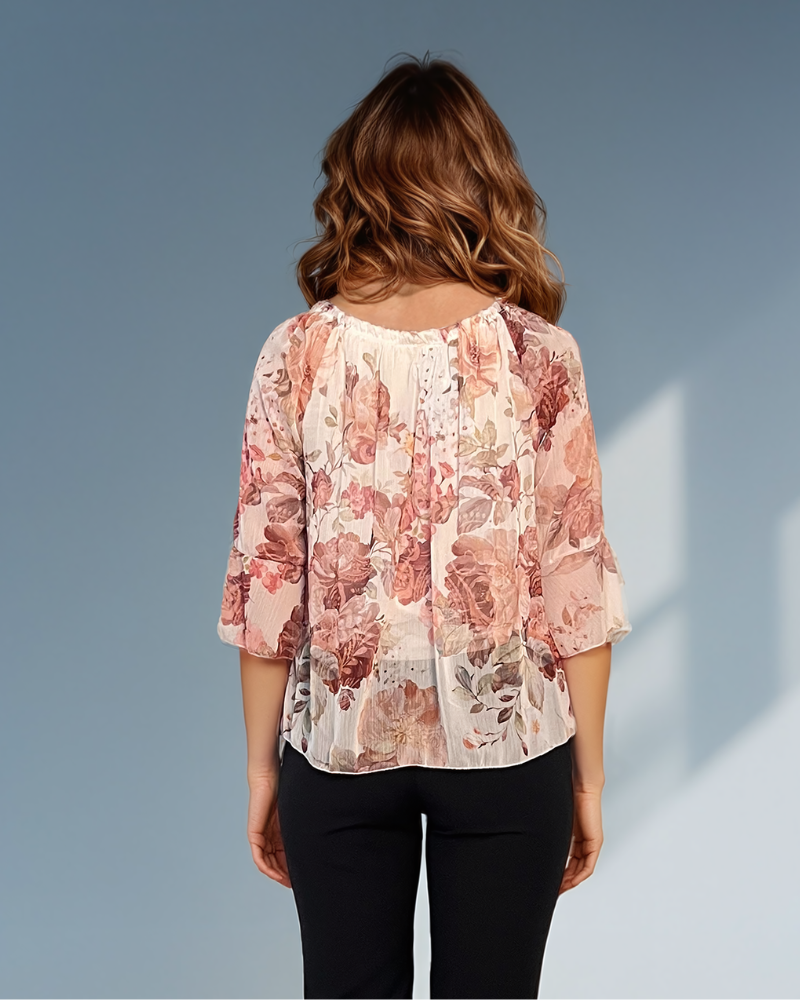 Bluză din voal cu print floral și mânecă 3/4 crem HL058