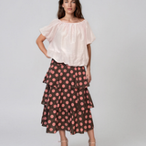 Bluză din voal de tencel cu decolteu elastic și mâneci balon roz HL175