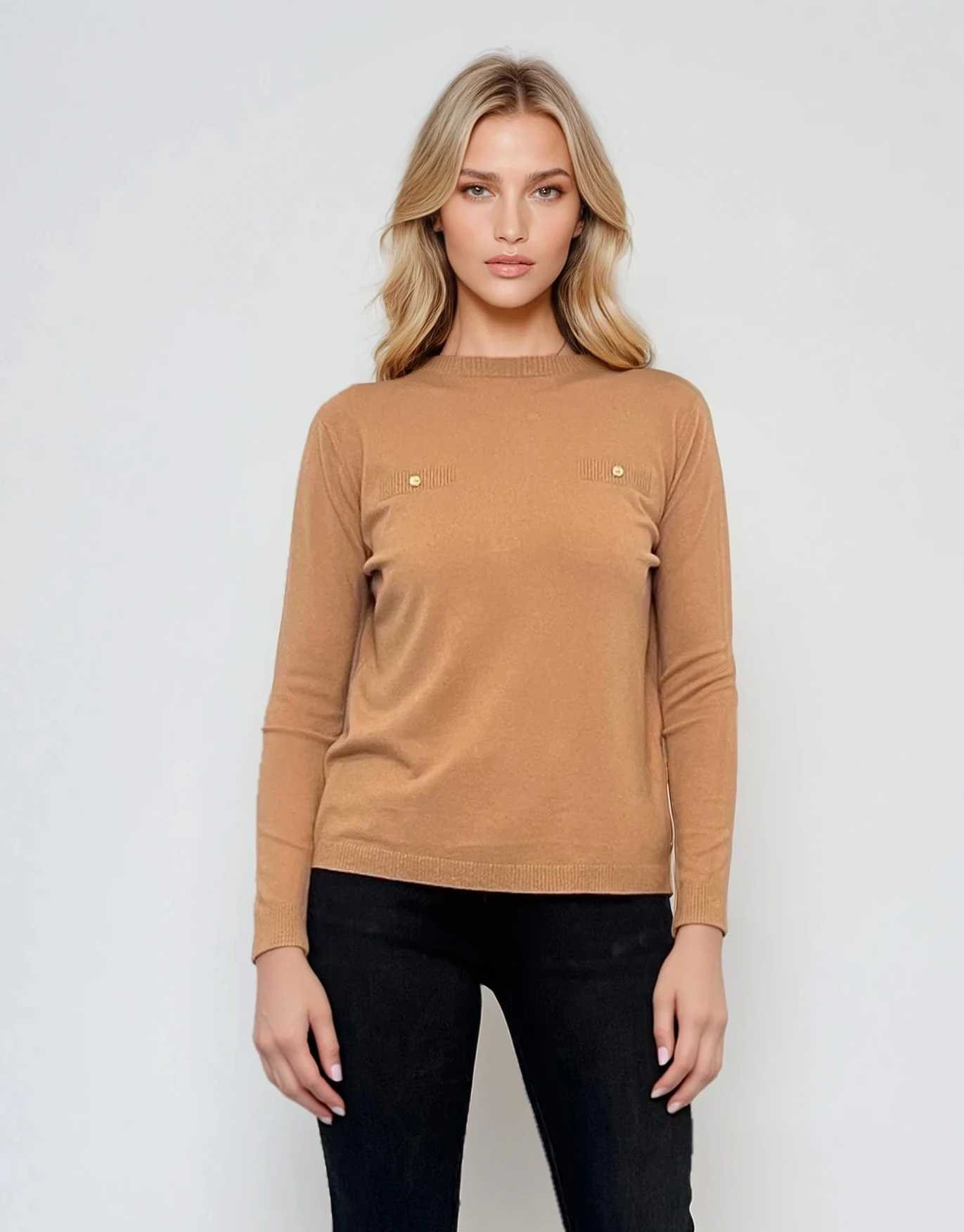 Bluză fină din tricot cu nasturi aurii beige 