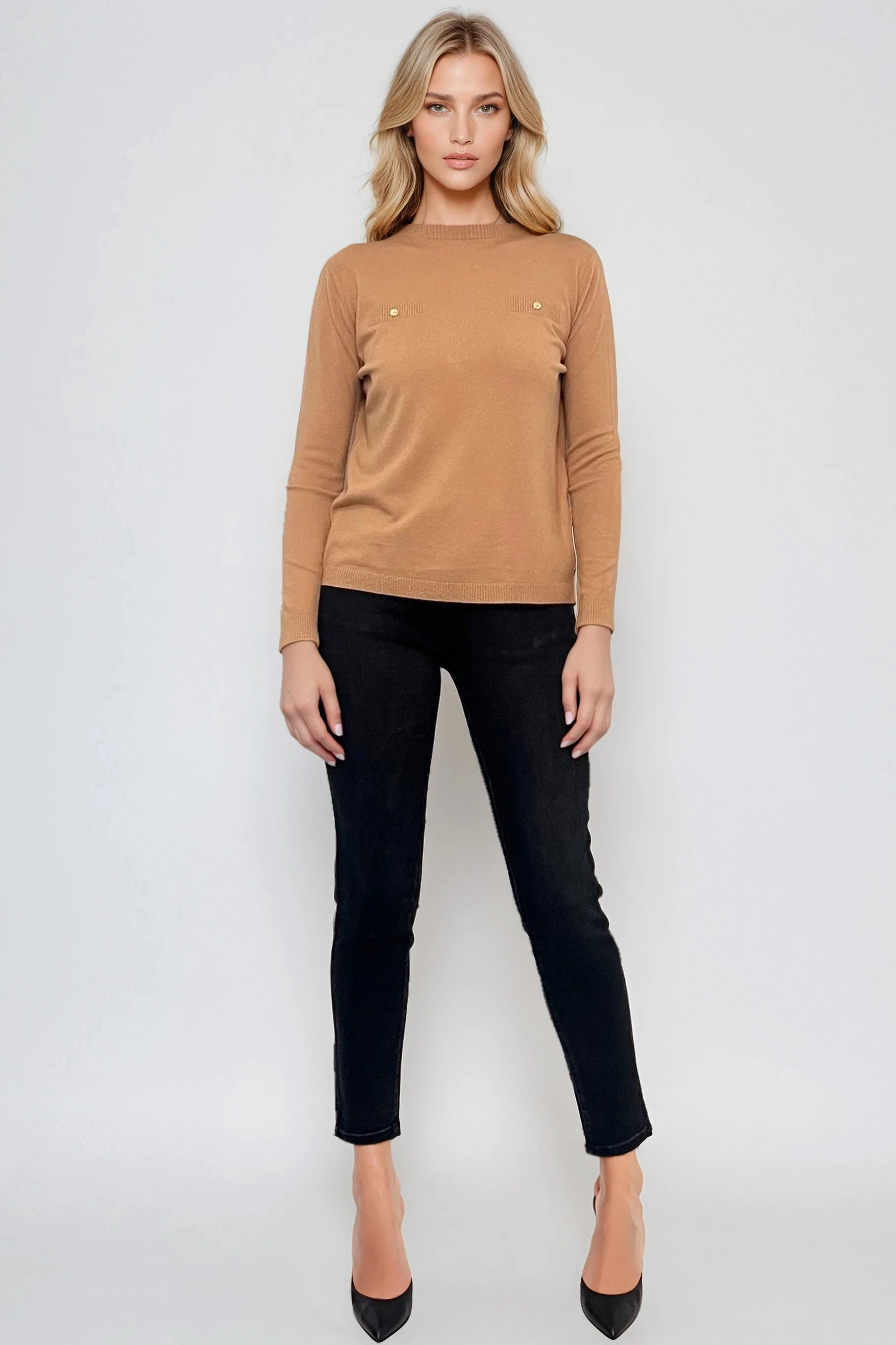 Bluză fină din tricot cu nasturi aurii beige 