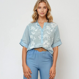 Bluză guler tunică cu broderie flori bleu 