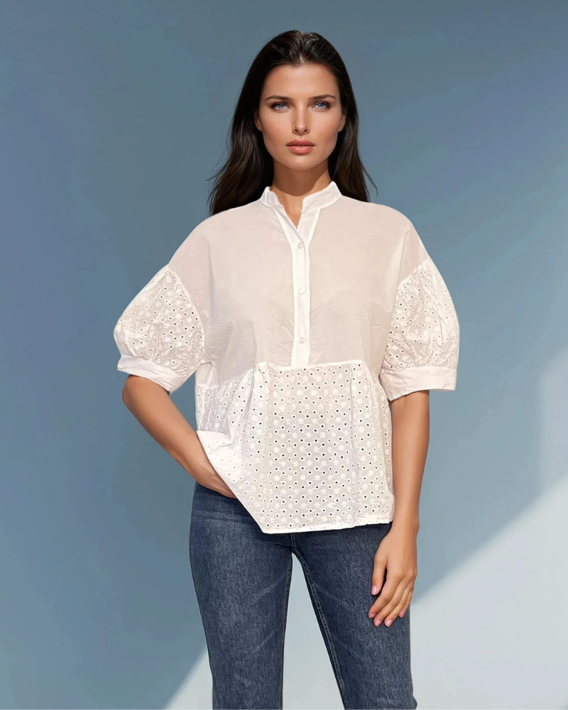 Bluza guler tunică și broderie alb 
