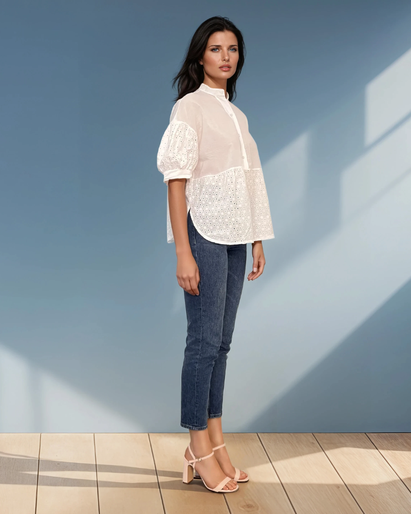 Bluza guler tunică și broderie alb 