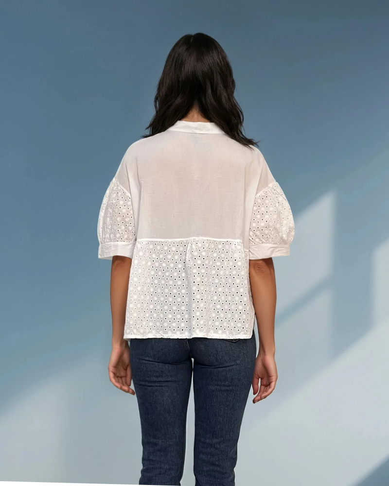 Bluza guler tunică și broderie alb 
