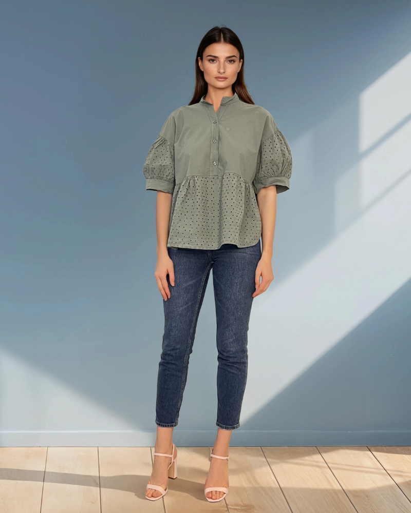 Bluza guler tunică și broderie kaki 