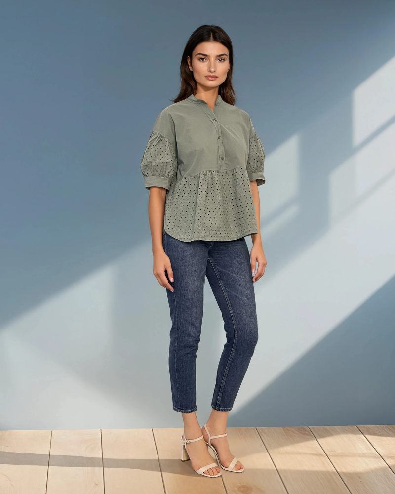 Bluza guler tunică și broderie kaki 