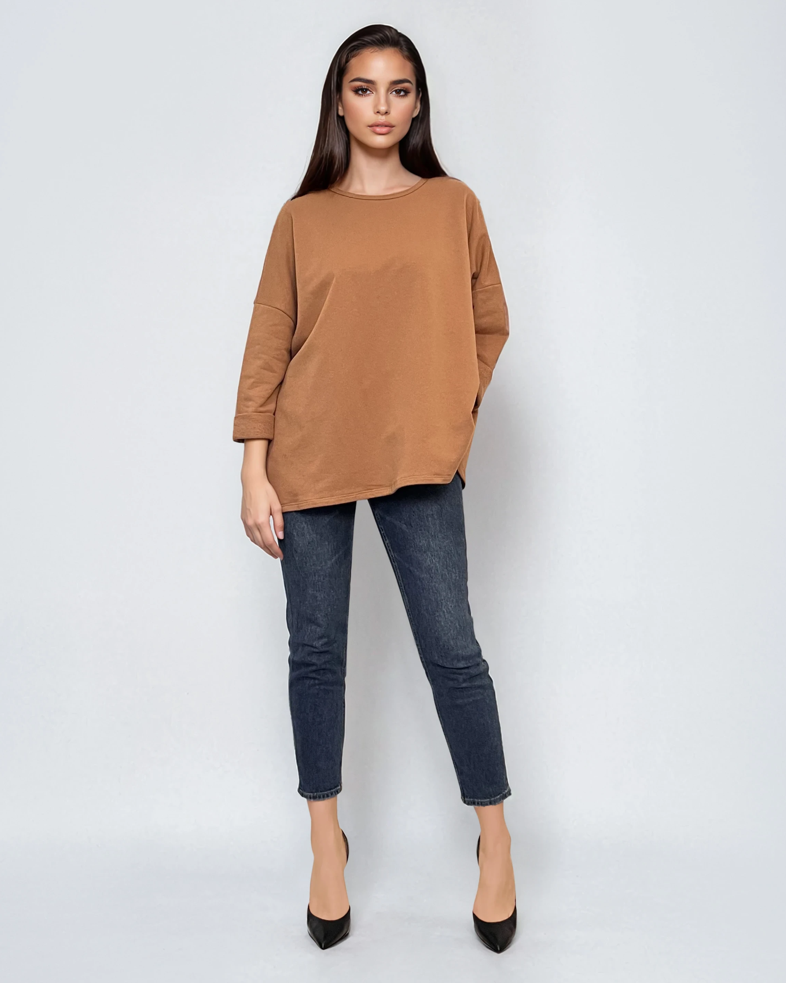 Bluză largă din bumbac cu mânecă 3/4 beige 