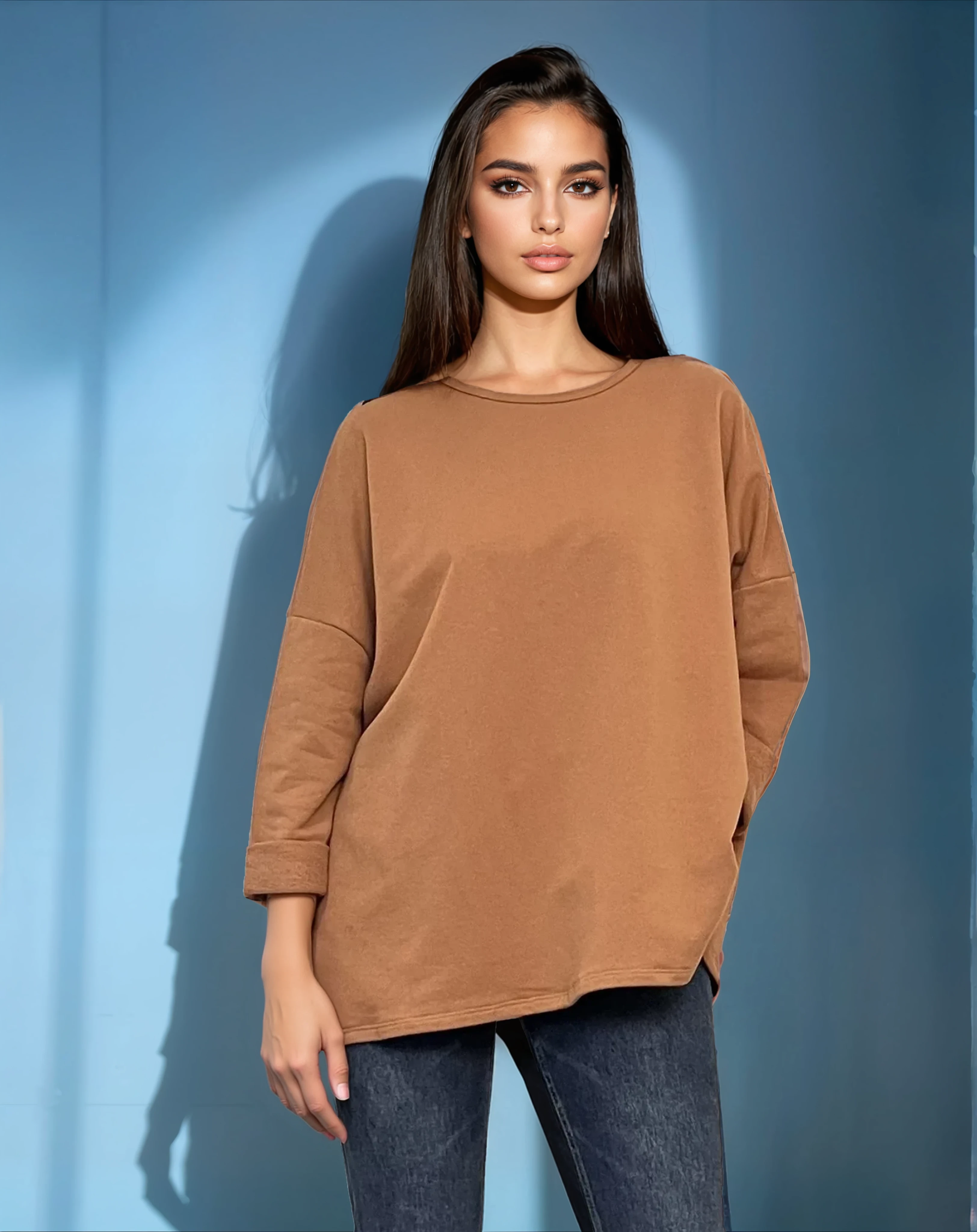 Bluză largă din bumbac cu mânecă 3/4 beige 
