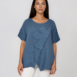 Bluză largă din in cu flori aplicate și franjuri albastru-jeans PR954