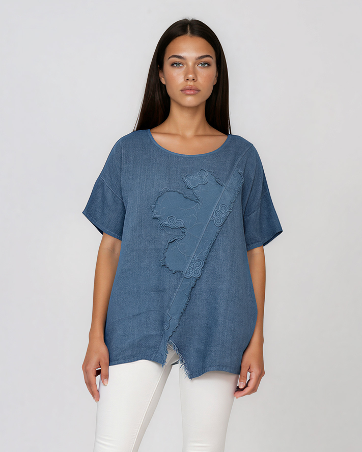 Bluză largă din in cu flori aplicate și franjuri albastru-jeans PR954