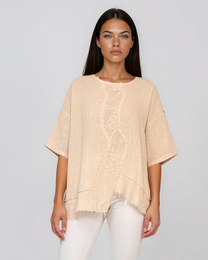 Bluză largă din in cu flori aplicate și franjuri beige PR954