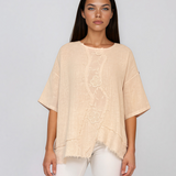 Bluză largă din in cu flori aplicate și franjuri beige PR954