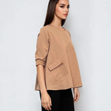 Bluză largă office din mix de vâscoză cu clapete decorative beige 