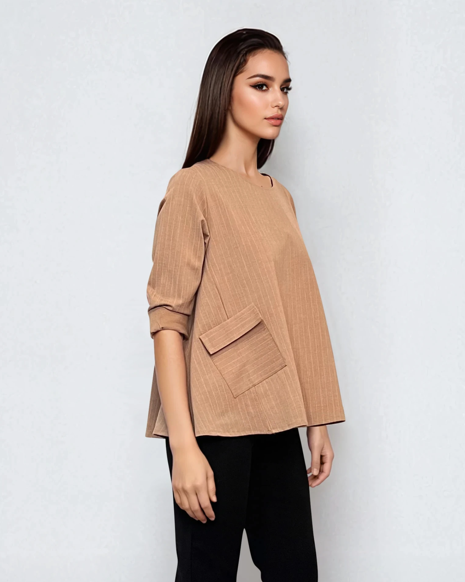 Bluză largă office din mix de vâscoză cu clapete decorative beige 