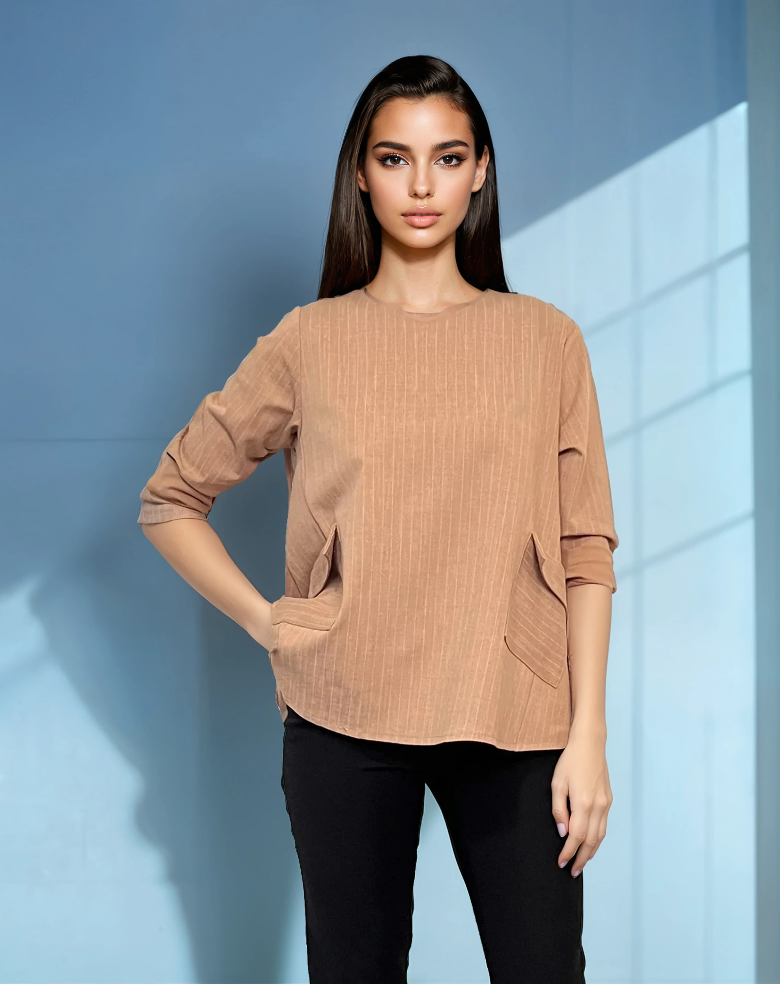 Bluză largă office din mix de vâscoză cu clapete decorative beige 