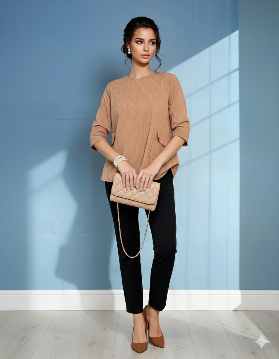 Bluză largă office din mix de vâscoză cu clapete decorative beige 