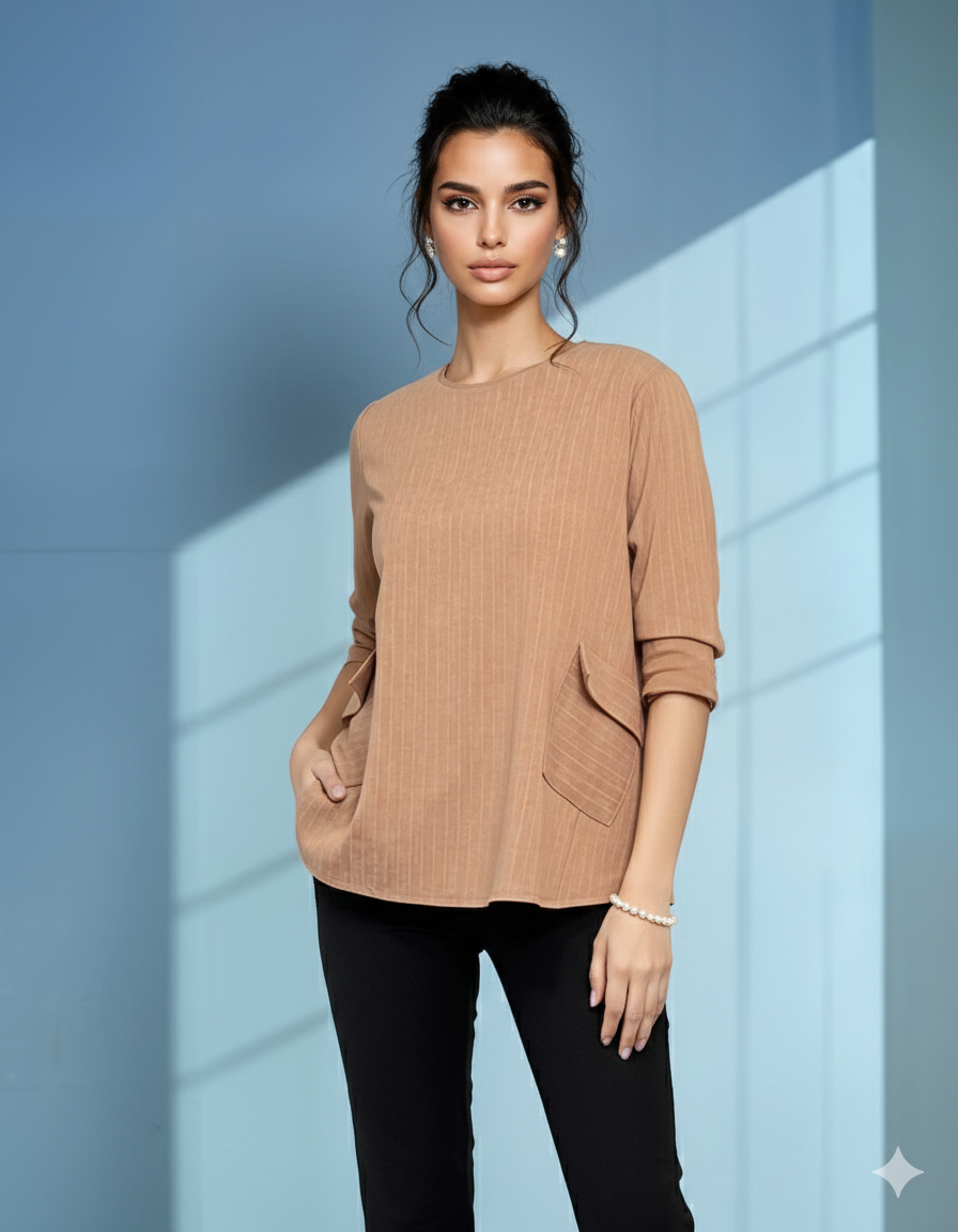 Bluză largă office din mix de vâscoză cu clapete decorative beige 