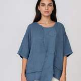 Bluză lejeră din in cu broderie florală și perforații la umeri albastru-jeans PR953