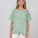 Bluză lejeră din in cu broderie florală și perforații la umeri aqua PR953