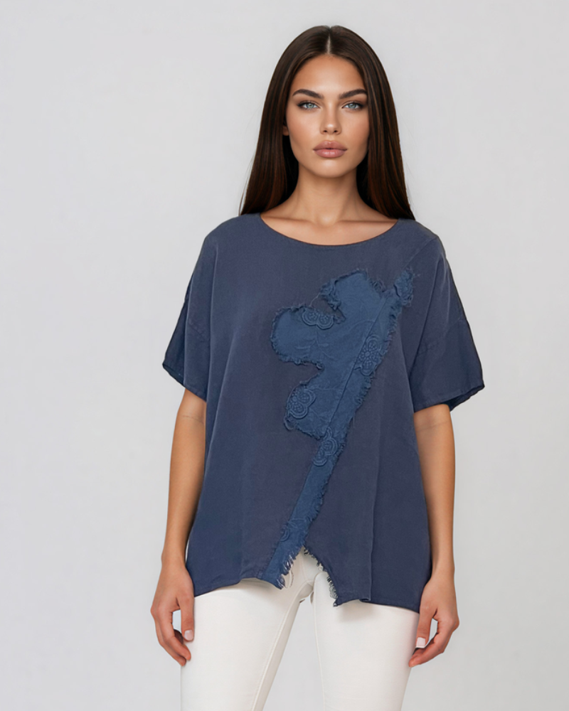 Bluză lejeră din in cu broderie florală și perforații la umeri bleumarin PR953