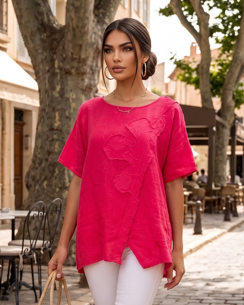 Bluză lejeră din in cu broderie florală și perforații la umeri ciclam PR953