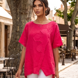 Bluză lejeră din in cu broderie florală și perforații la umeri ciclam PR953