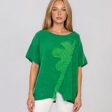 Bluză lejeră din in cu broderie florală și perforații la umeri verde PR953