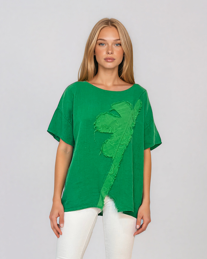 Bluză lejeră din in cu broderie florală și perforații la umeri verde PR953