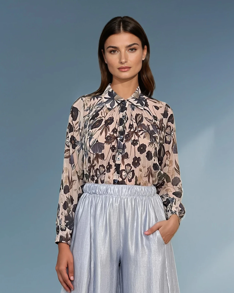 Bluză plisată cu print floral și mânecă lungă bleumarin 