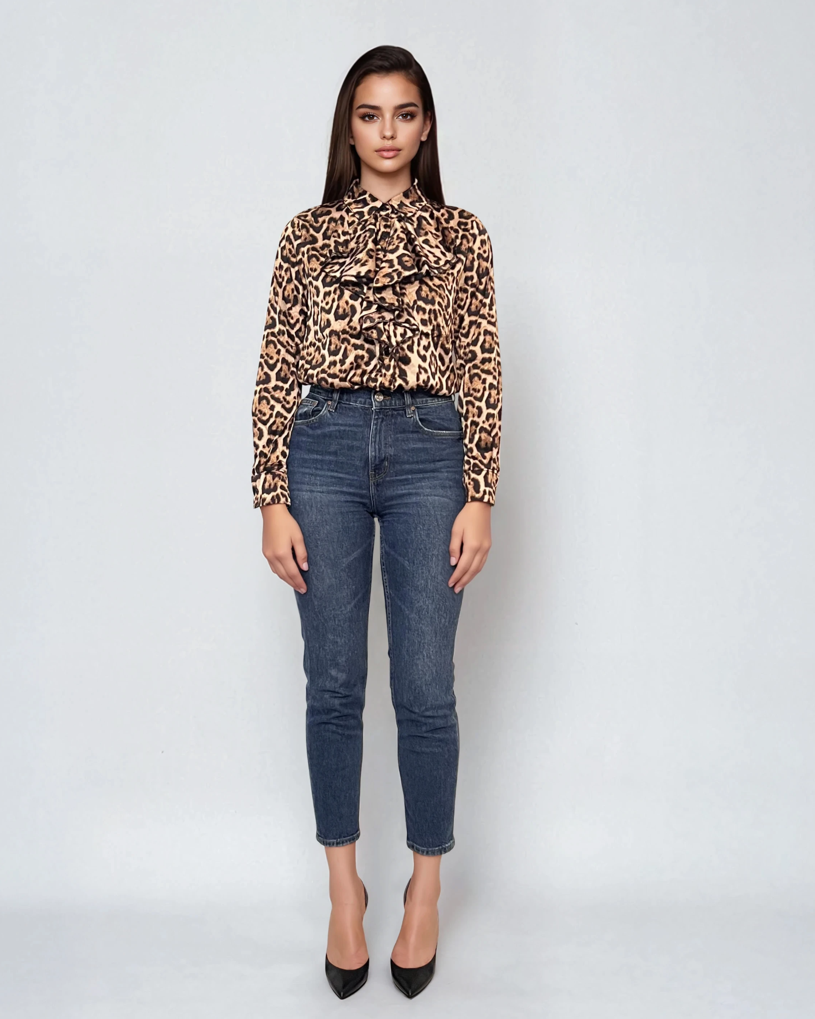 Bluza vâscoză cu volane, mânecă lungă, animal print animal-print 
