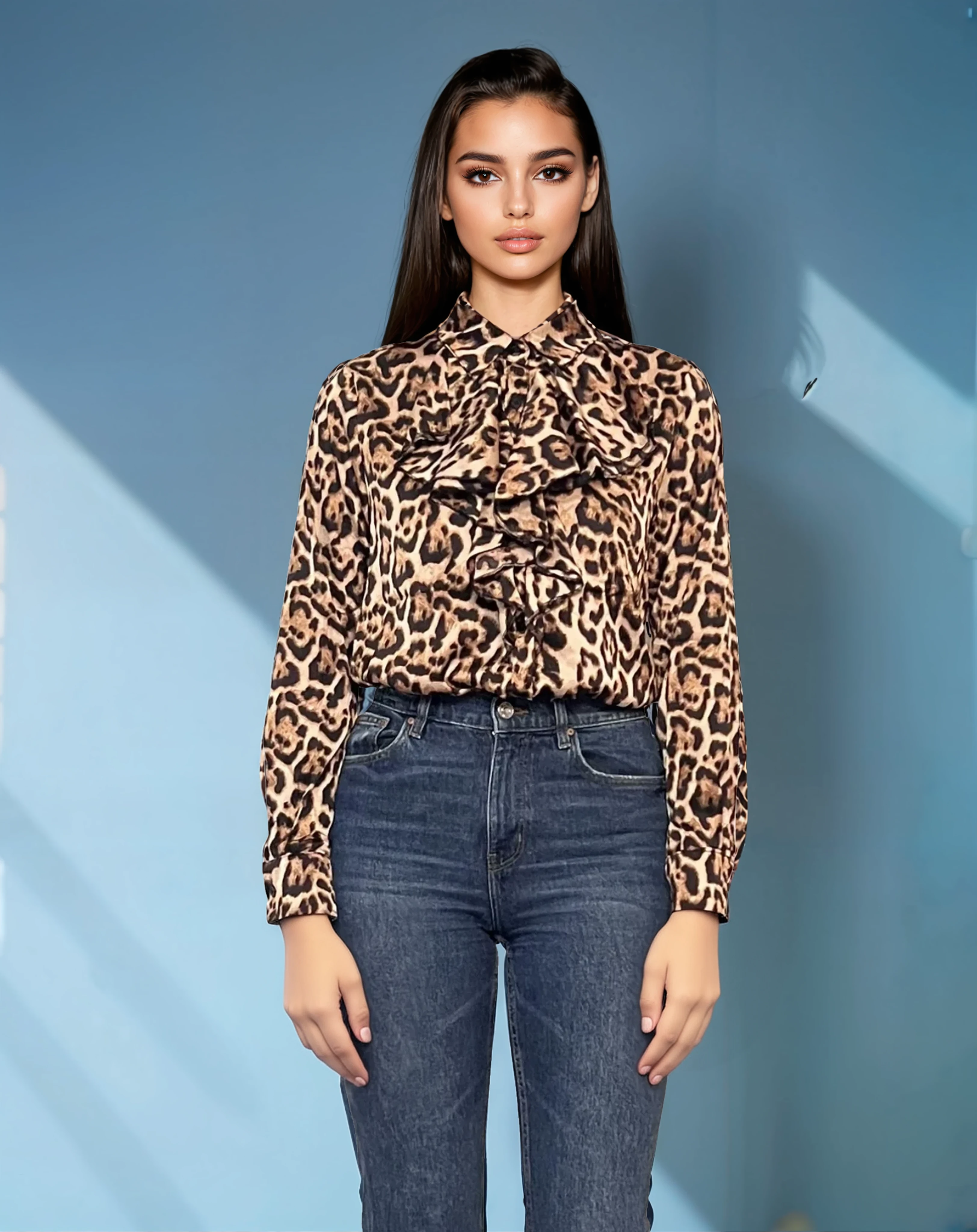 Bluza vâscoză cu volane, mânecă lungă, animal print animal-print 