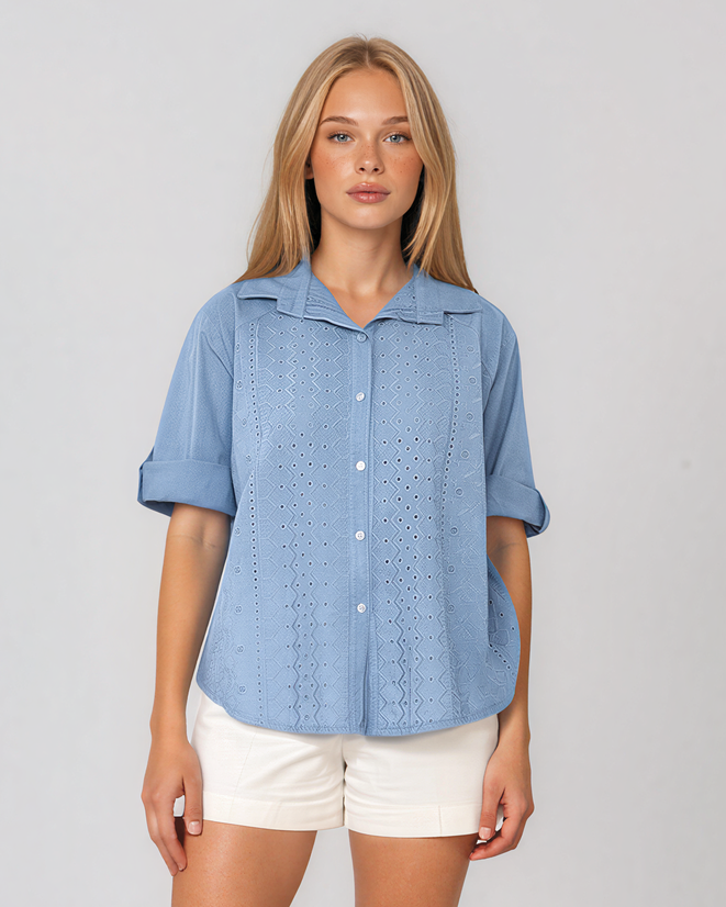 Cămașă cu broderie în partea din față albastru-jeans HL085