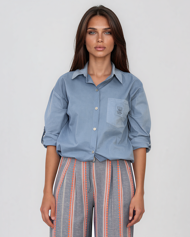 Cămașă cu buzunar și șiret în talie albastru-jeans HL117