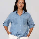 Cămașă cu buzunare din plasă și paiete albastru-jeans HL089
