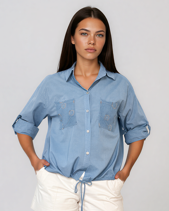 Cămașă cu buzunare din plasă și paiete albastru-jeans HL089