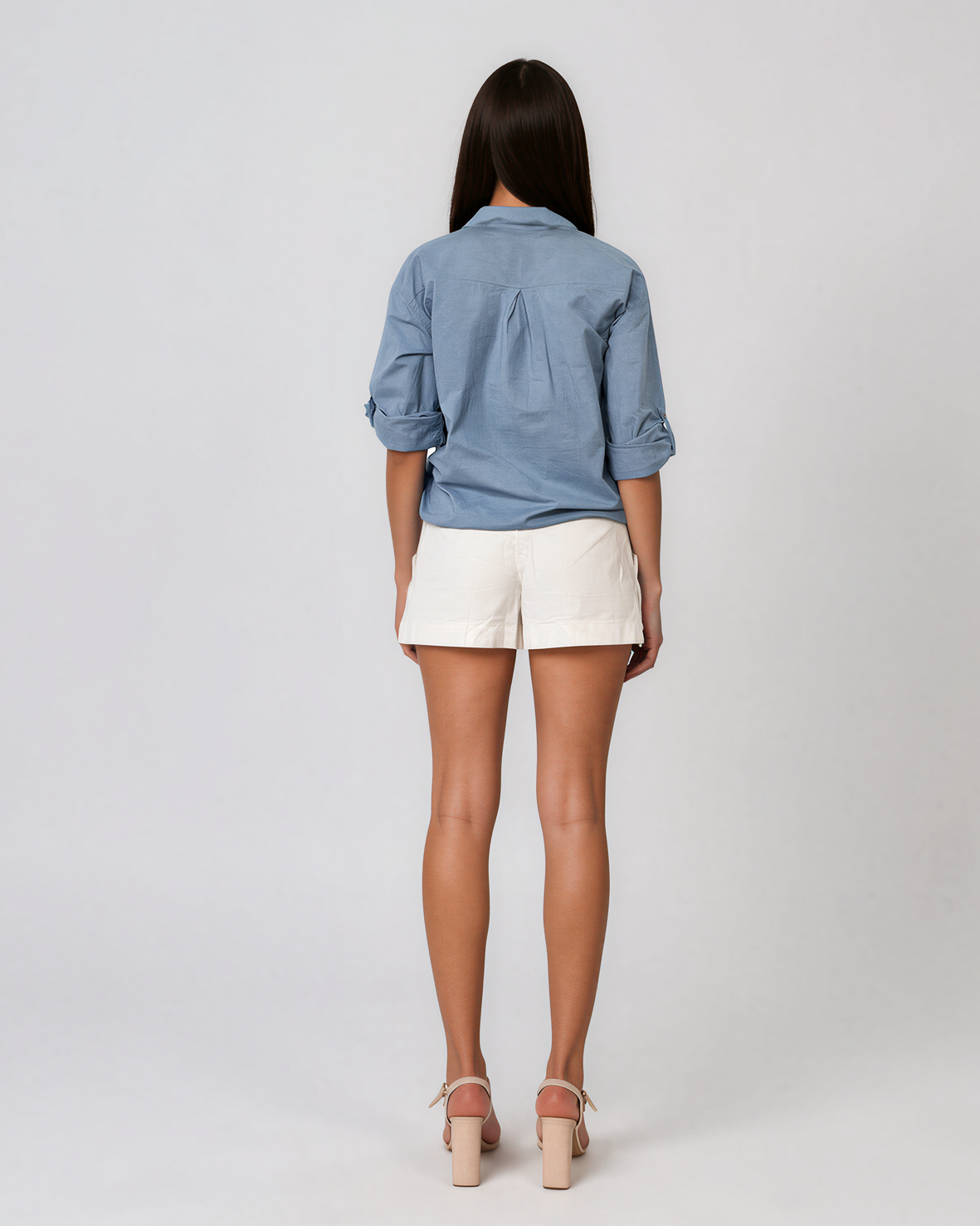Cămașă cu buzunare din plasă și paiete albastru-jeans HL089