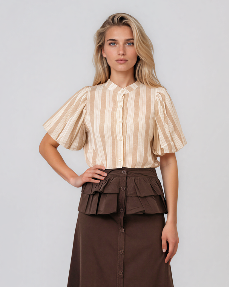 Cămașă cu dungi și mânecă bufantă beige HL074