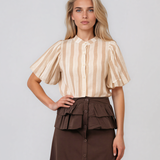Cămașă cu dungi și mânecă bufantă beige HL074