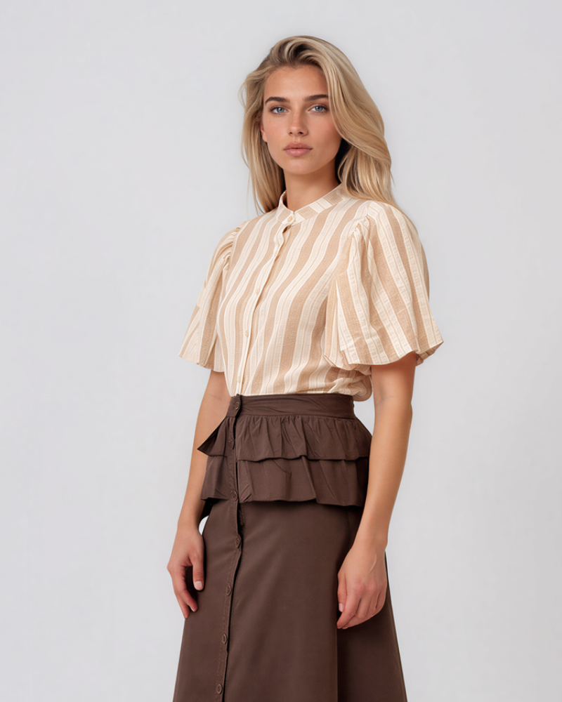 Cămașă cu dungi și mânecă bufantă beige HL074