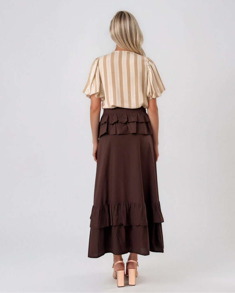 Cămașă cu dungi și mânecă bufantă beige HL074