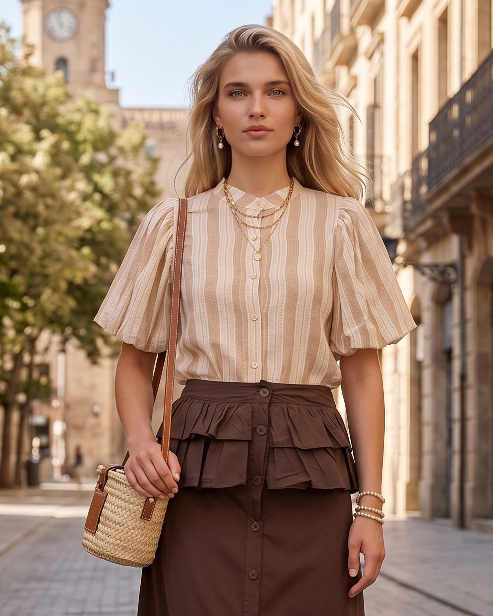 Cămașă cu dungi și mânecă bufantă beige HL074