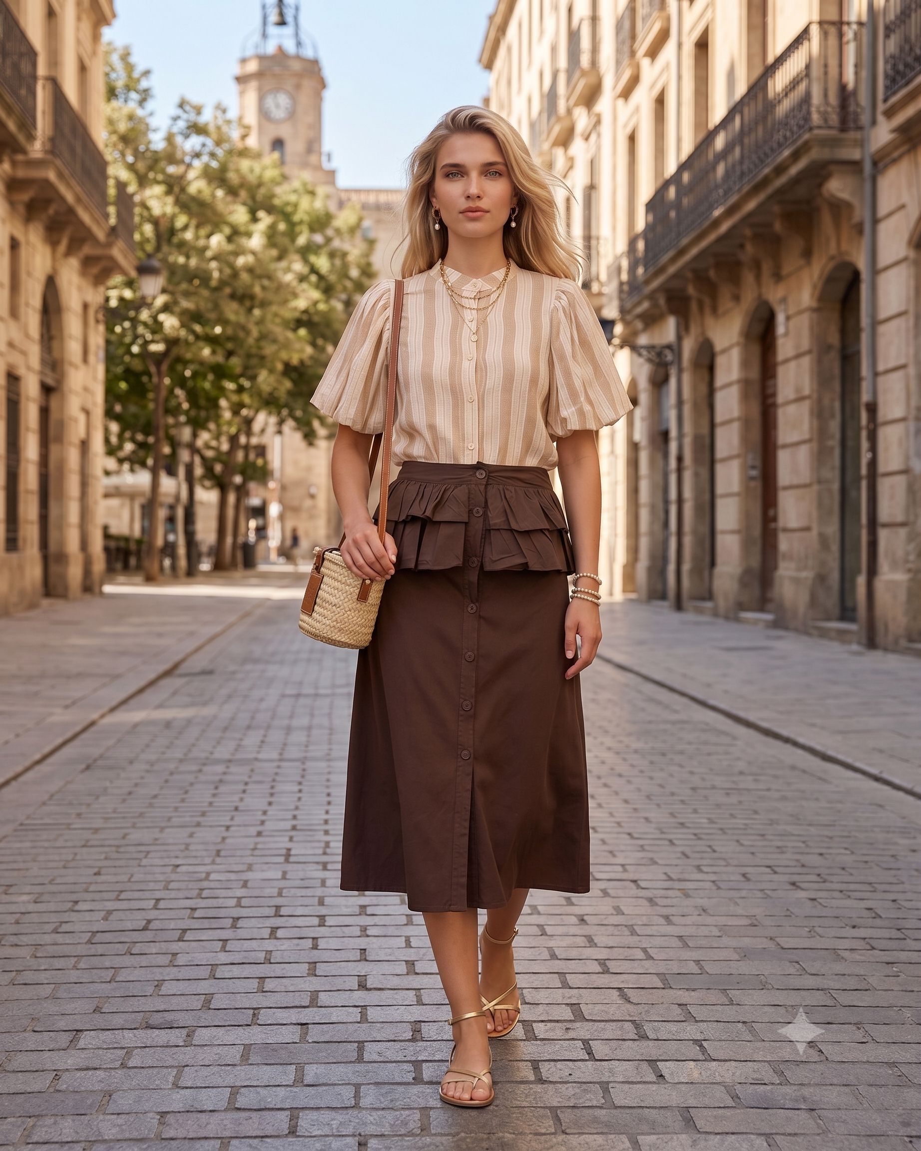 Cămașă cu dungi și mânecă bufantă beige HL074