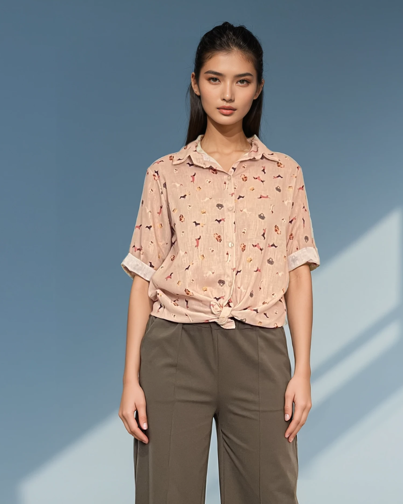 Cămașă cu legătură și print căței beige HL027