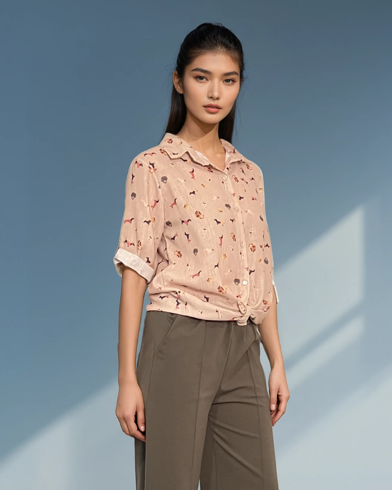 Cămașă cu legătură și print căței beige HL027