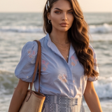 Cămașă cu mânecă bufantă și broderie bleu
