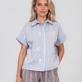 Cămașă cu mânecă scurtă și broderie din paiete bleu HL115
