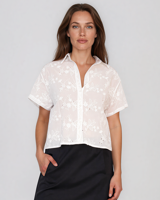 Cămașă cu mânecă scurtă și broderie spartă alb HL113